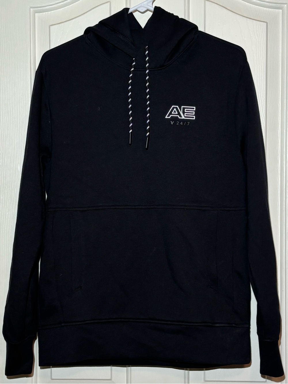 American Eagle Outfitters Black Pullover Hoodie with AE 24/7 Chest Logo